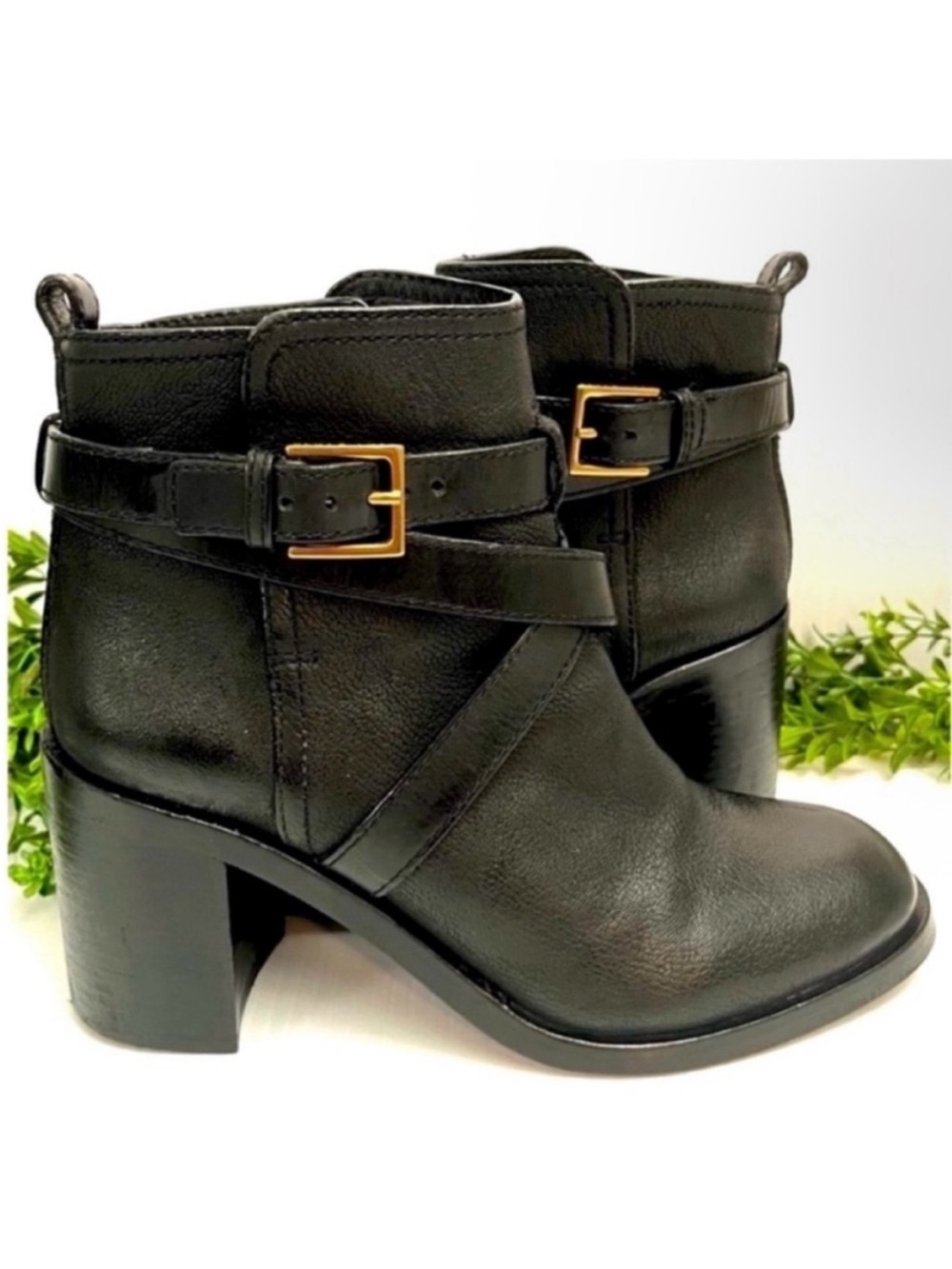 Tory Burch Black Leather Ankle Boots with Gold Buckle Size 9